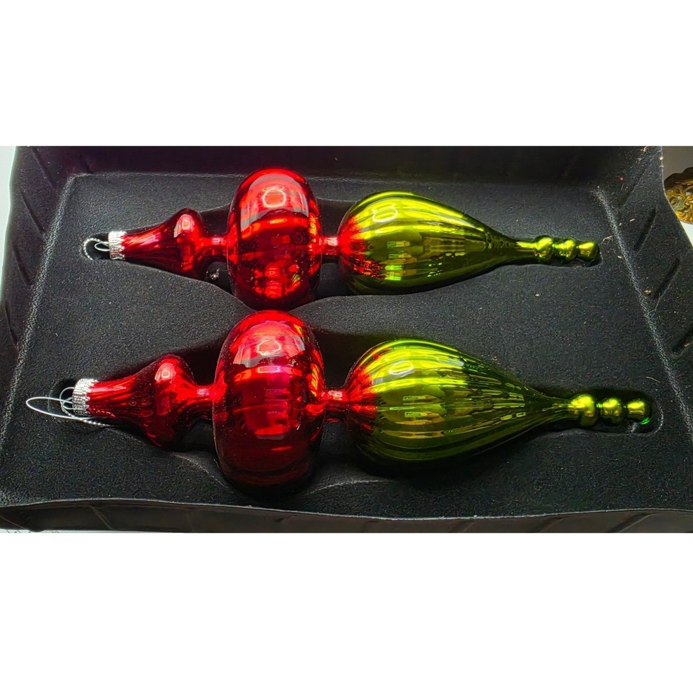Set 2 Dillards Trimmings Glass Finial Christmas Ornaments Red Green 9.5 Inch